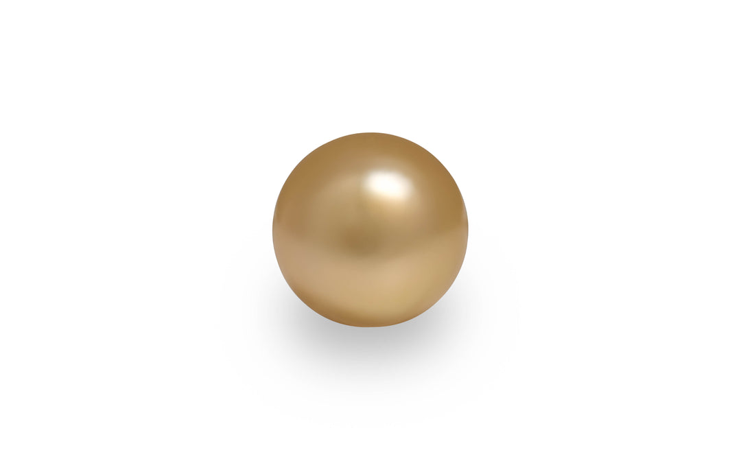 A round shape gold South sea pearl is displayed on a white background.