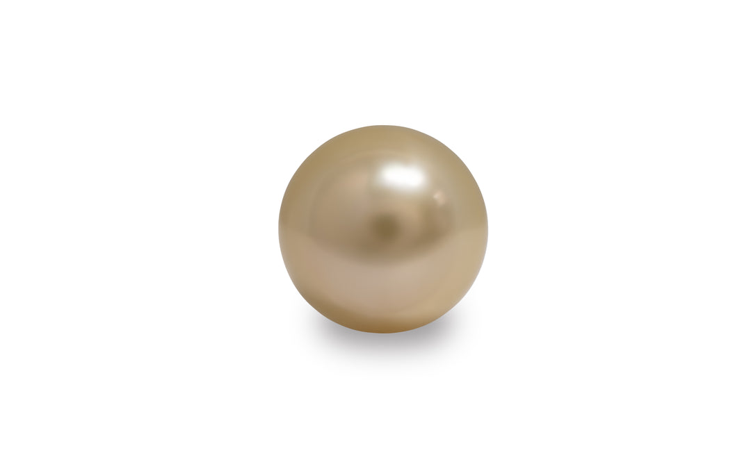 A round golden South Sea pearl is displayed on a white background.