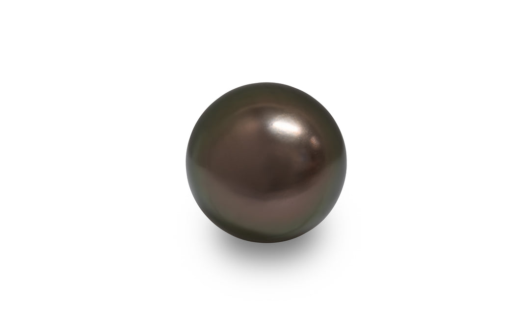 A round shape green copper bronze Tahitian pearl is displayed on a white background.