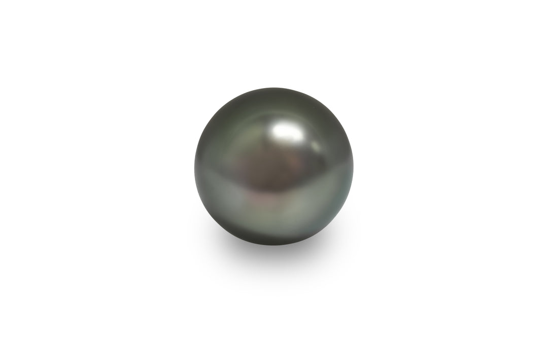 A round shape green Tahitian pearl is displayed on a white background.