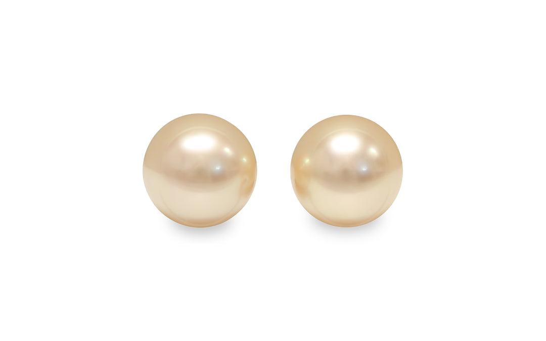 A round light Golden South Sea pearl pair is displayed on a white background.
