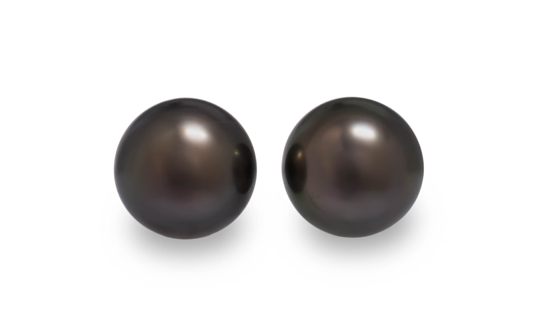 A round shape peacock Tahitian pearl pair is displayed on a white background.
