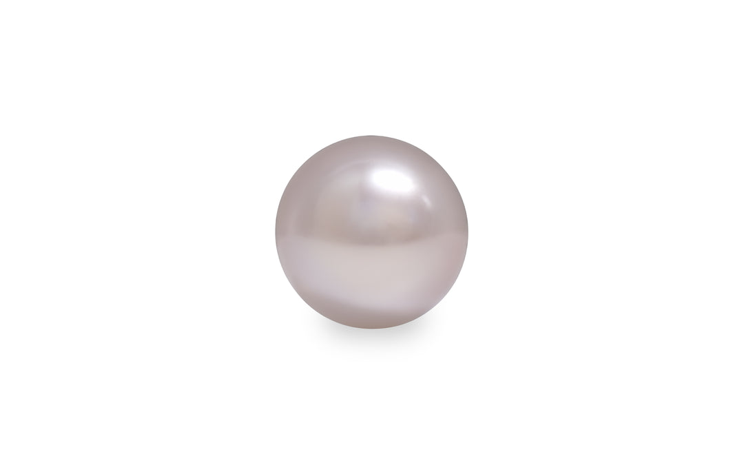 A round shape fancy deep pink South Sea pearl is displayed on a white background.