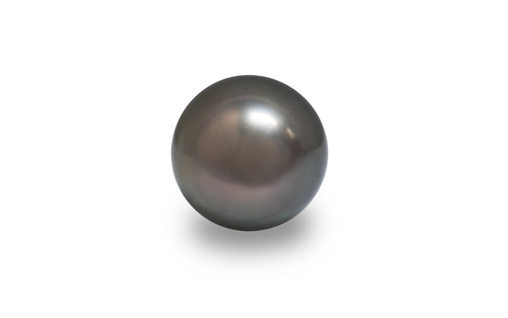 A round shape silver green Tahitian pearl is displayed on a white background.