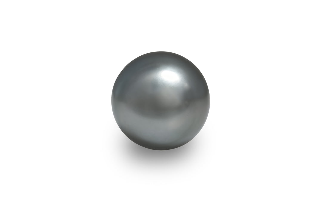  A round shape silver Tahitian pearl is displayed on a white background.