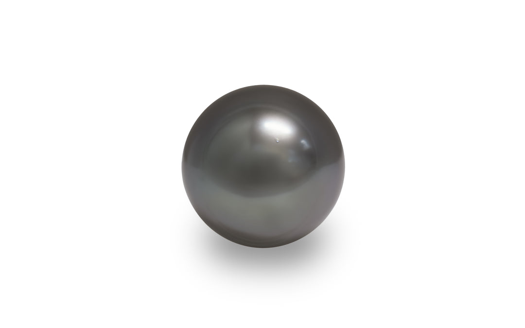 A round shape silver Tahitian pearl is displayed on a white background.