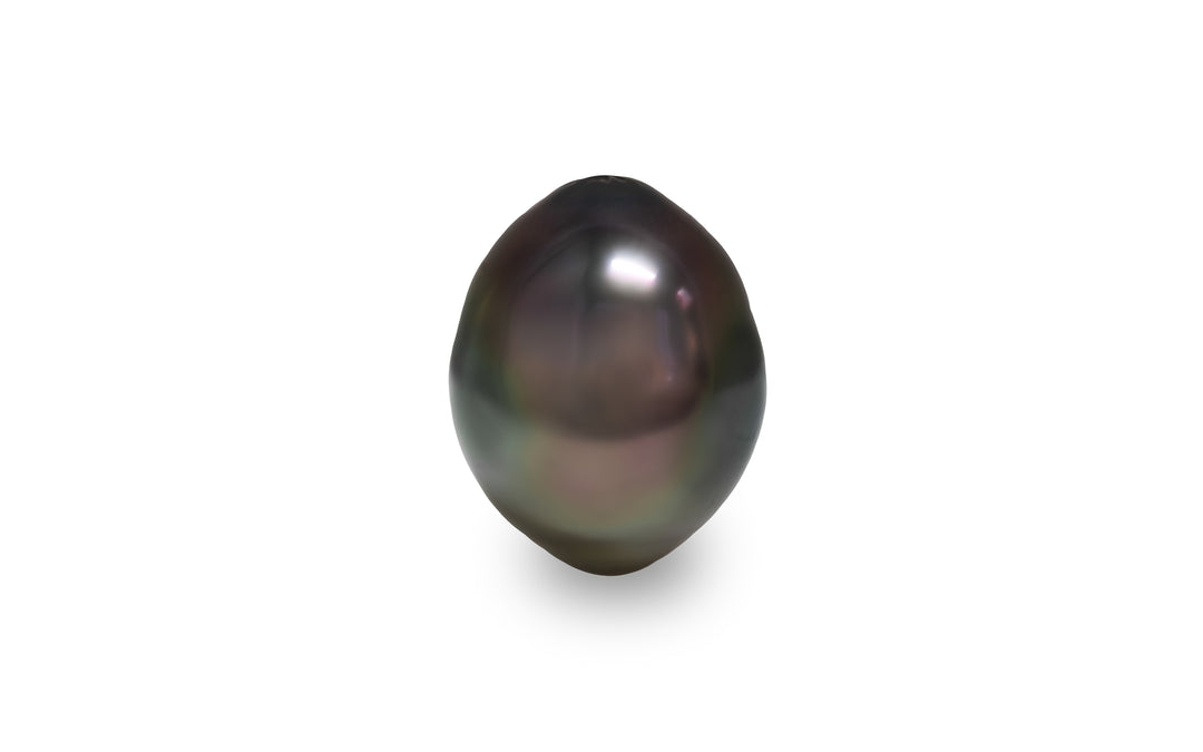 A semi baroque shape aubergine green Tahitian pearl is displayed on a white background.