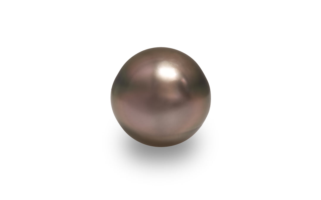 A semi baroque shape copper bronze Tahitian pearl is displayed on a white background.