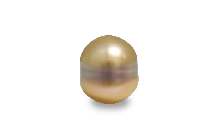A baroque shape gold purple green South sea pearl is displayed on a white background.