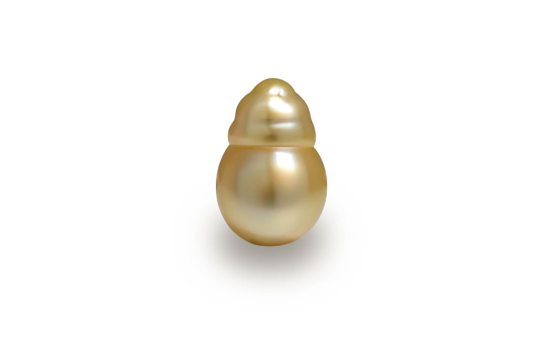 A semi baroque shape gold South sea pearl is displayed on a white background.