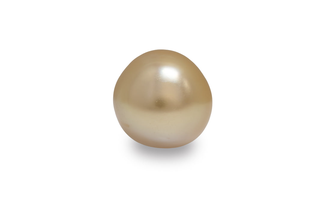 A semi baroque shape white gold golden South Sea pearl is displayed on a white background.