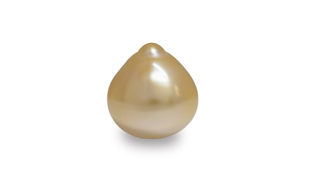 A semi baroque gold white South Sea pearl is displayed on a white background.