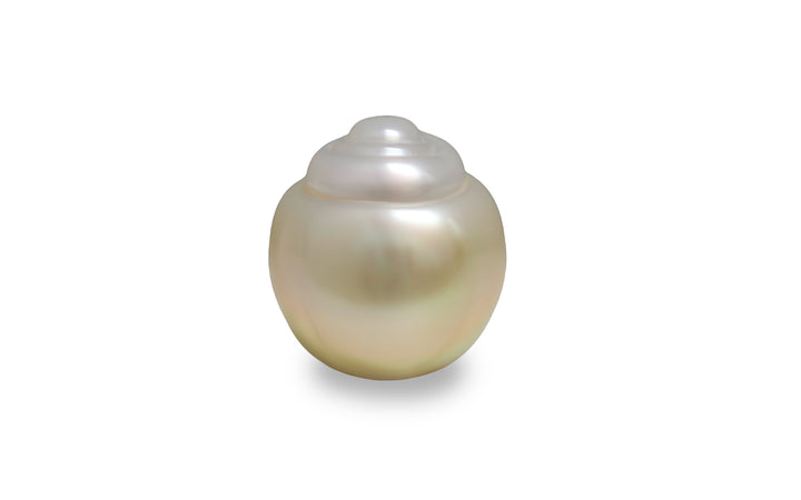 A semi baroque shape gold white Golden South Sea pearl is displayed on a white background.