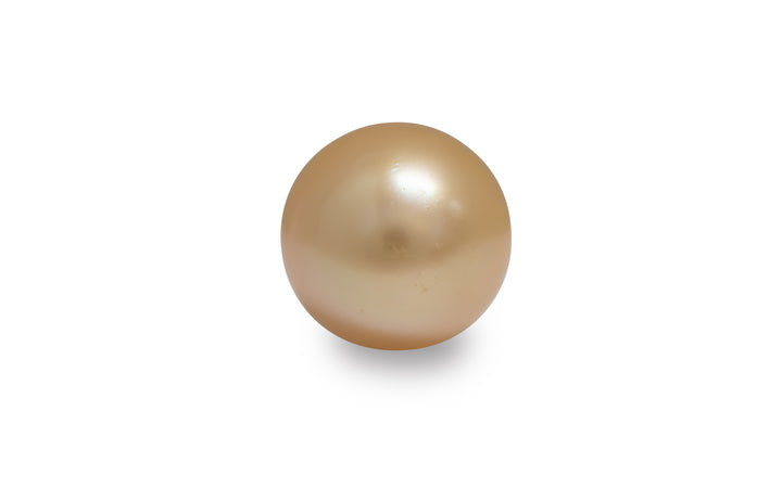 A semi baroque golden South Sea pearl is displayed on a white background.