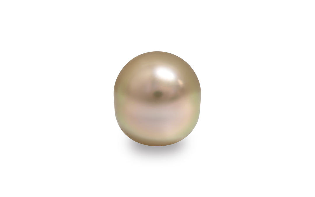 A semi baroque green pink and gold golden South Sea pearl is displayed on a white background.