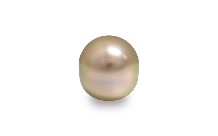 A semi baroque green pink and gold golden South Sea pearl is displayed on a white background.