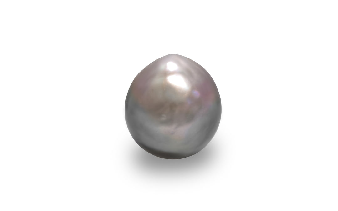  A semi baroque shape pink silver Tahitian pearl is displayed on a white background.