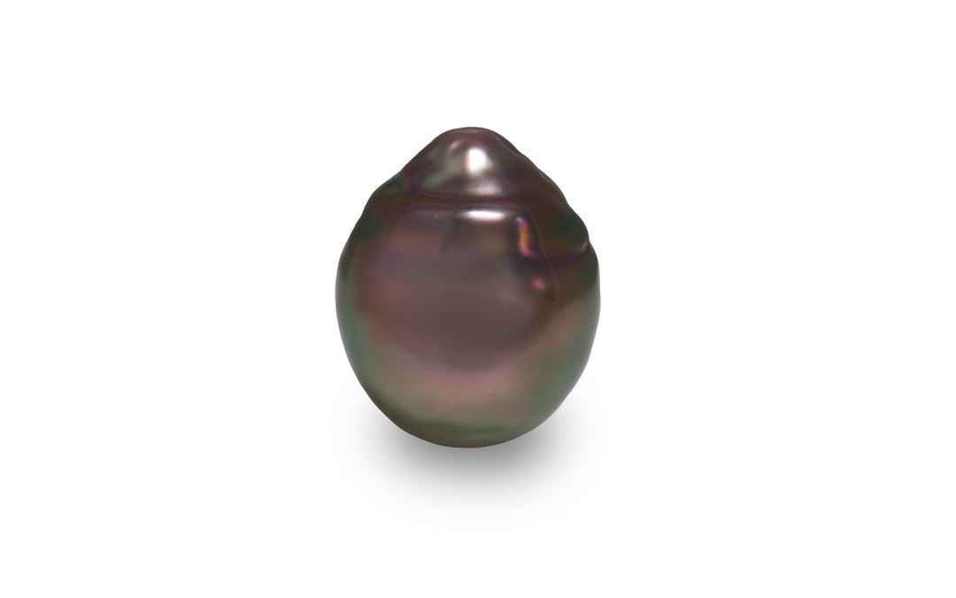 A semi baroque shape pink silver Tahitian pearl is displayed on a white background.