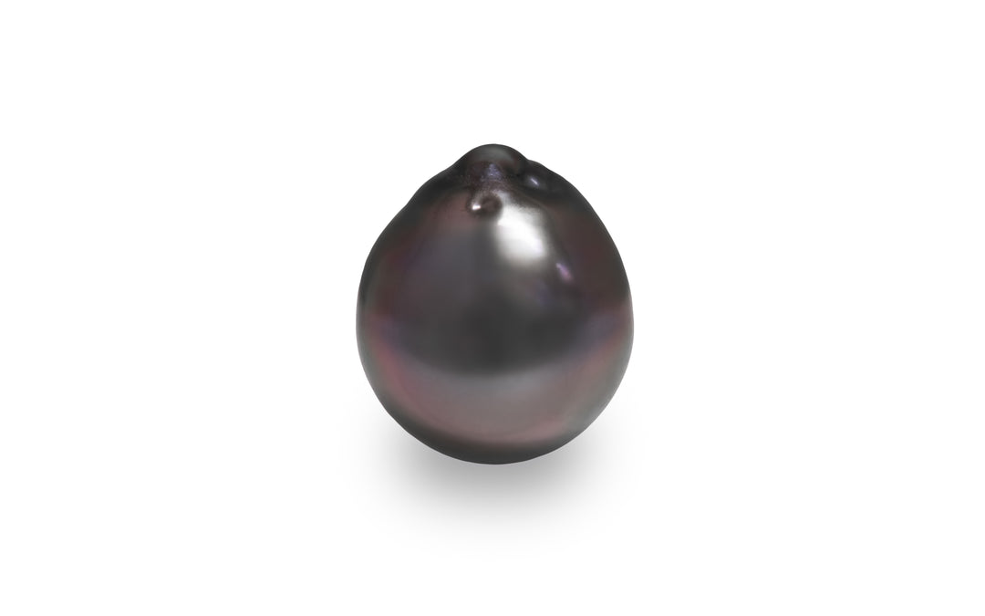 A semi baroque shape pink silver Tahitian pearl is displayed on a white background.
