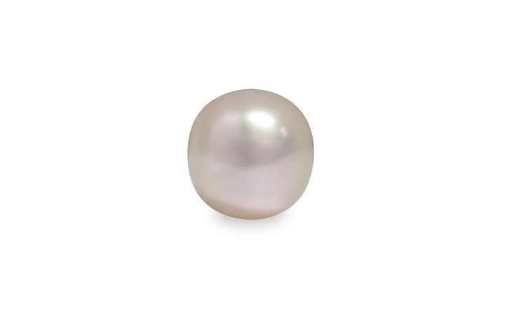 A semi baroque shape fancy pink South Sea pearl is displayed on a white background.