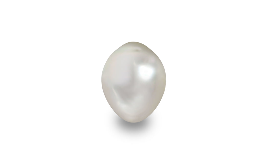 A semi baroque shape pink white South Sea pearl is displayed on a white background.