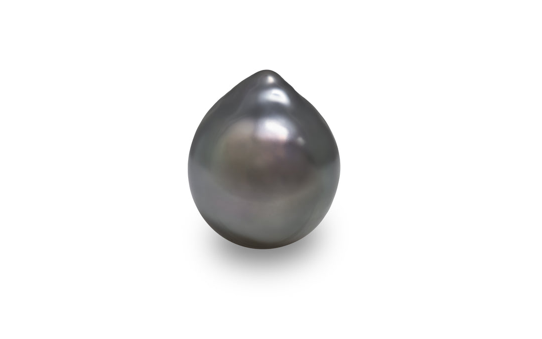 A semi baroque shape silver copper Tahitian pearl is displayed on a white background.