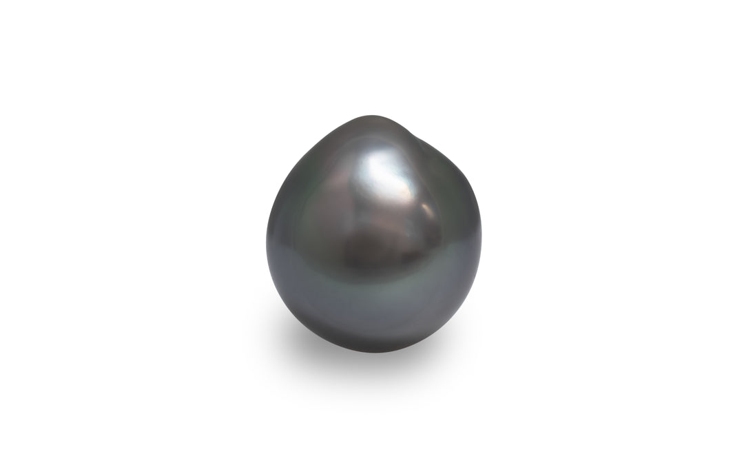 A semi baroque shape silver green Tahitian pearl is displayed on a white background.
