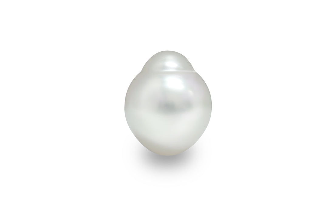 A semi baroque shape white South Sea pearl is displayed on a white background.