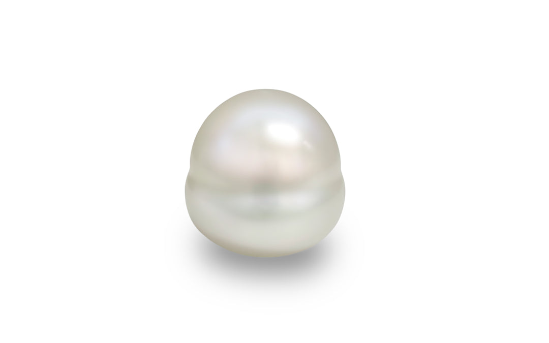 A semi baroque shape white South Sea pearl is displayed on a white background.