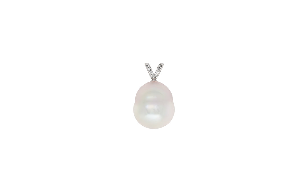 A semi baroque shaped white South Sea pearl diamond pendant in 18k white gold is displayed on a white background.
