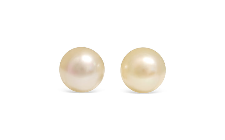 A semi round light Golden South Sea pearl pair is displayed on a white background.