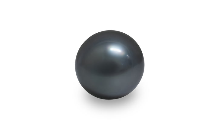 A semi round shape silver blue Tahitian pearl is displayed on a white background.