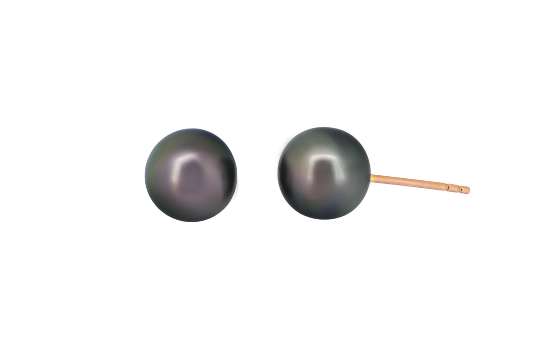 A pair of Tahitian pearl rose gold stud earrings  is displayed on a white background.