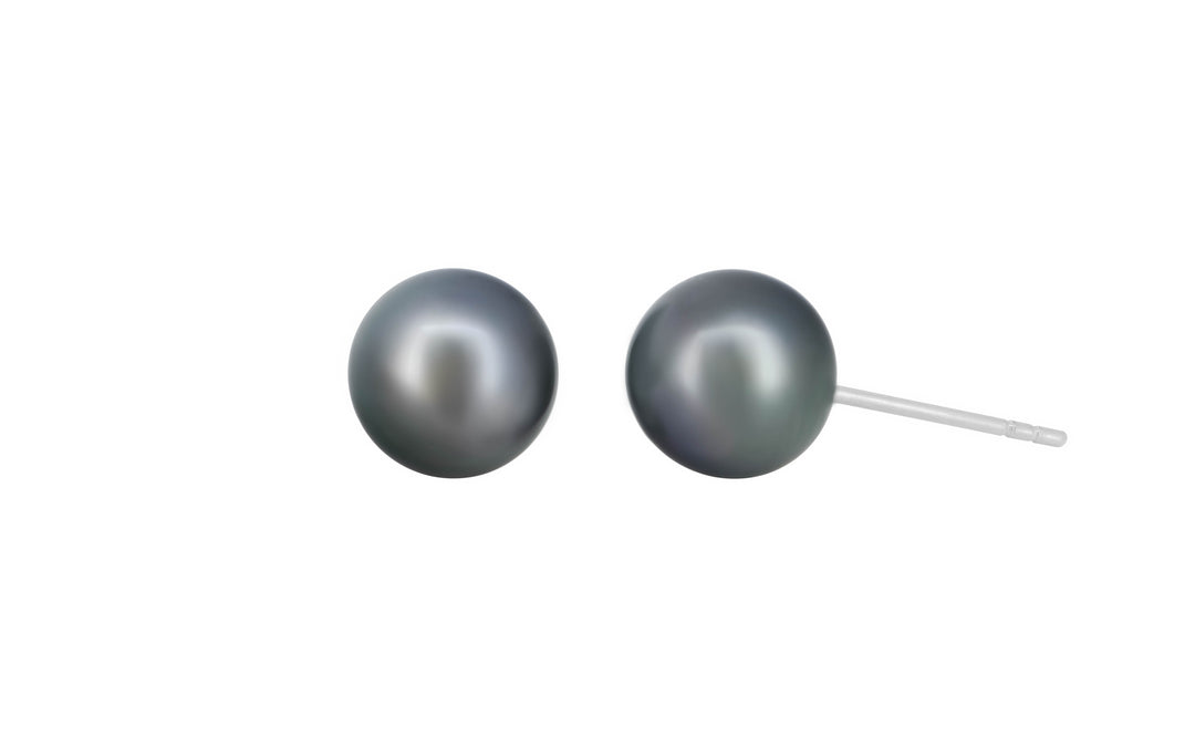 A pair of 10.8mm Tahitian pearl 18k white gold earring studs  is displayed on a white background.