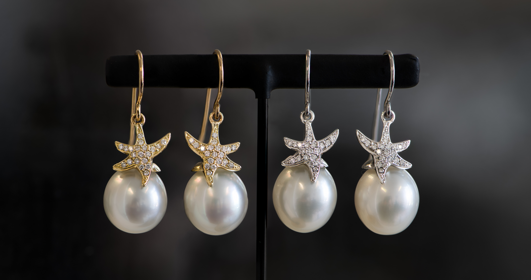 White South Sea Pearl & Diamond Starfish Shepherd Hook Earrings - 18K White Gold