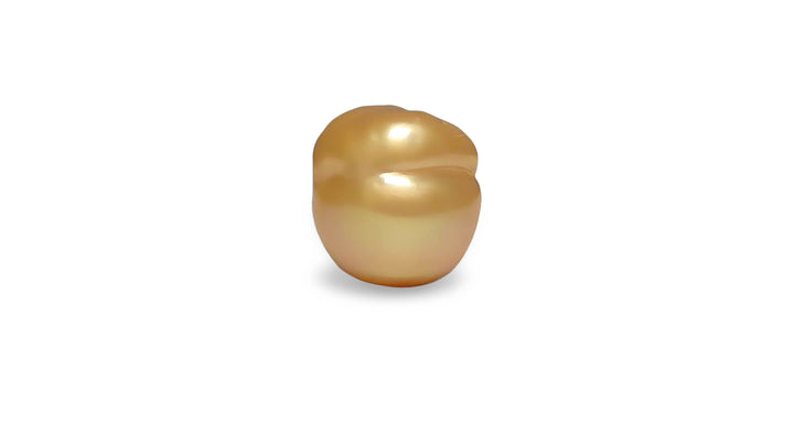 A baroque shape golden South Sea pearl is displayed on a white background.