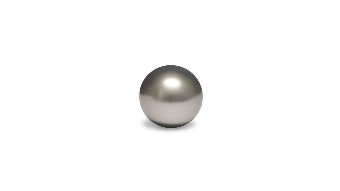 A round shape silver Tahitian pearl is displayed on a white background.