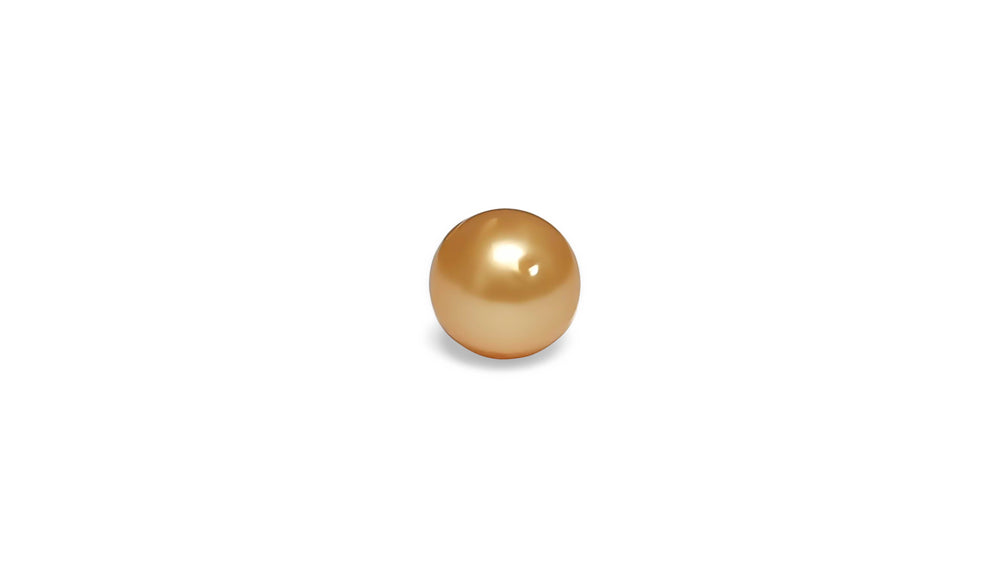 A round shape golden South Sea pearl is displayed on a white background.