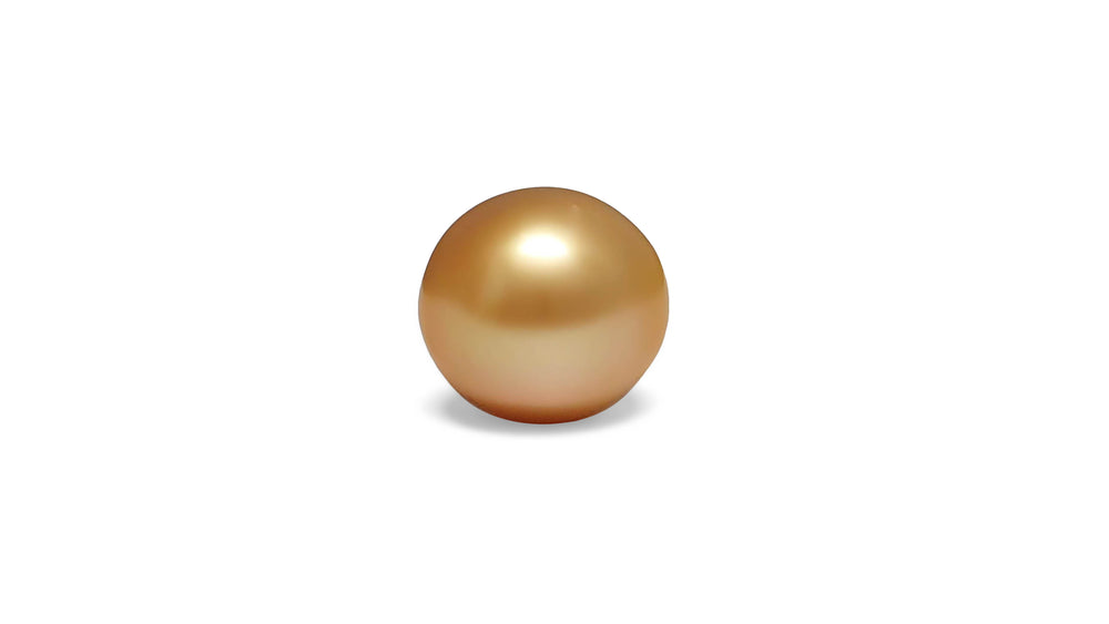 A semi baroque shape golden South Sea pearl is displayed on a white background.