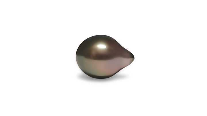 A baroque shape aubergine/green Tahitian pearl is displayed on a white background.