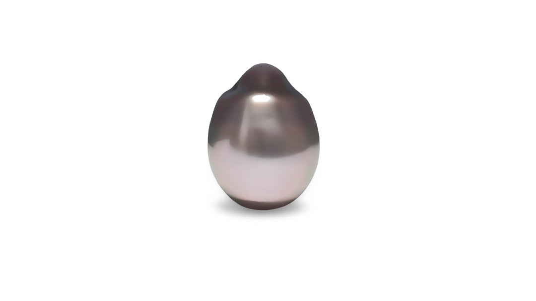 A semi baroque shape pink/silver Tahitian pearl is displayed on a white background.