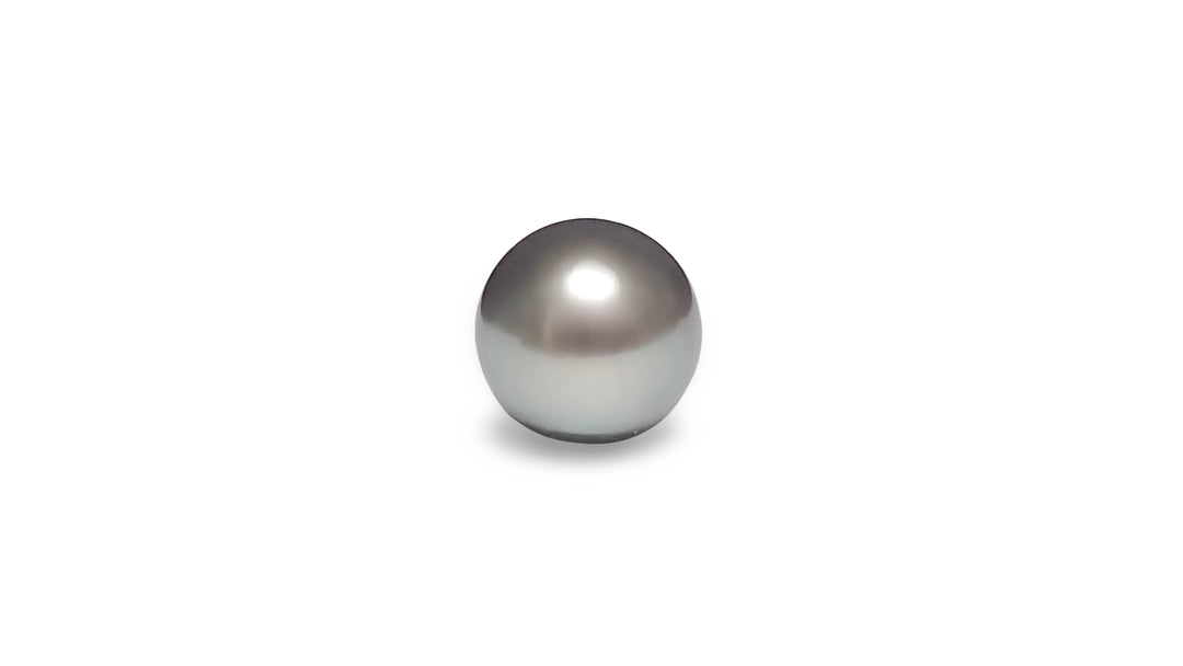 A semi baroque shape silver Tahitian pearl is displayed on a white background.