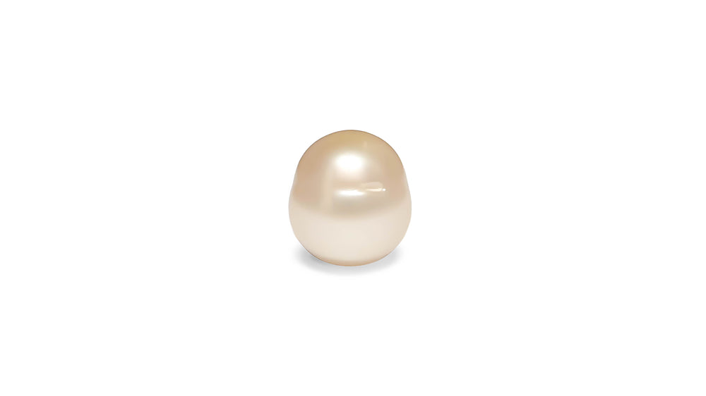 A semi baroque shape white cream South Sea pearl is displayed on a white background.