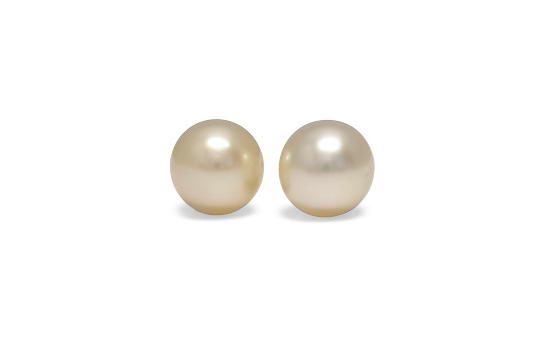 A pair of semi round, cream, white south sea pearls are displayed on a white background. 