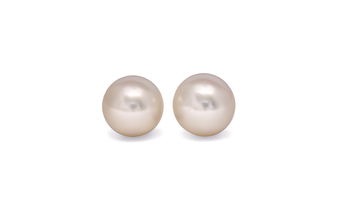 A pair of semi round, pink, white south sea pearls are displayed.