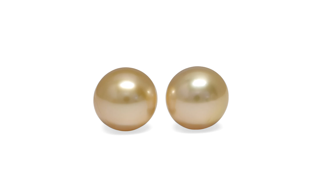 A pair of semi-round golden South Sea pearls are displayed on a white background.