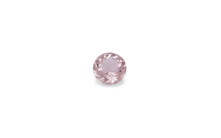 A round brilliant cut pink coloured morganite gemstone is displayed on a white background.