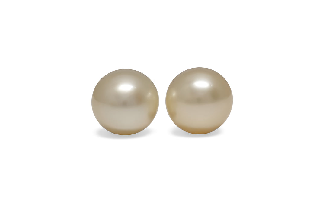 A pair of semi round, light gold, golden south sea pearls are displayed on a white background.